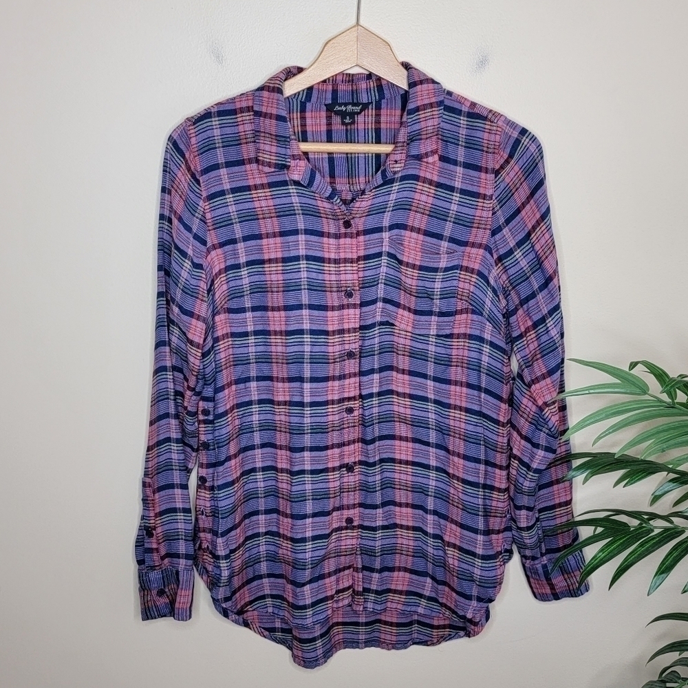 Lucky Brand | Pink Purple Navy Plaid Button Down Shirt Size Small